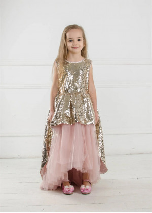 Gold Sequins Blush Pink Tulle High Low Flower Girl Dress